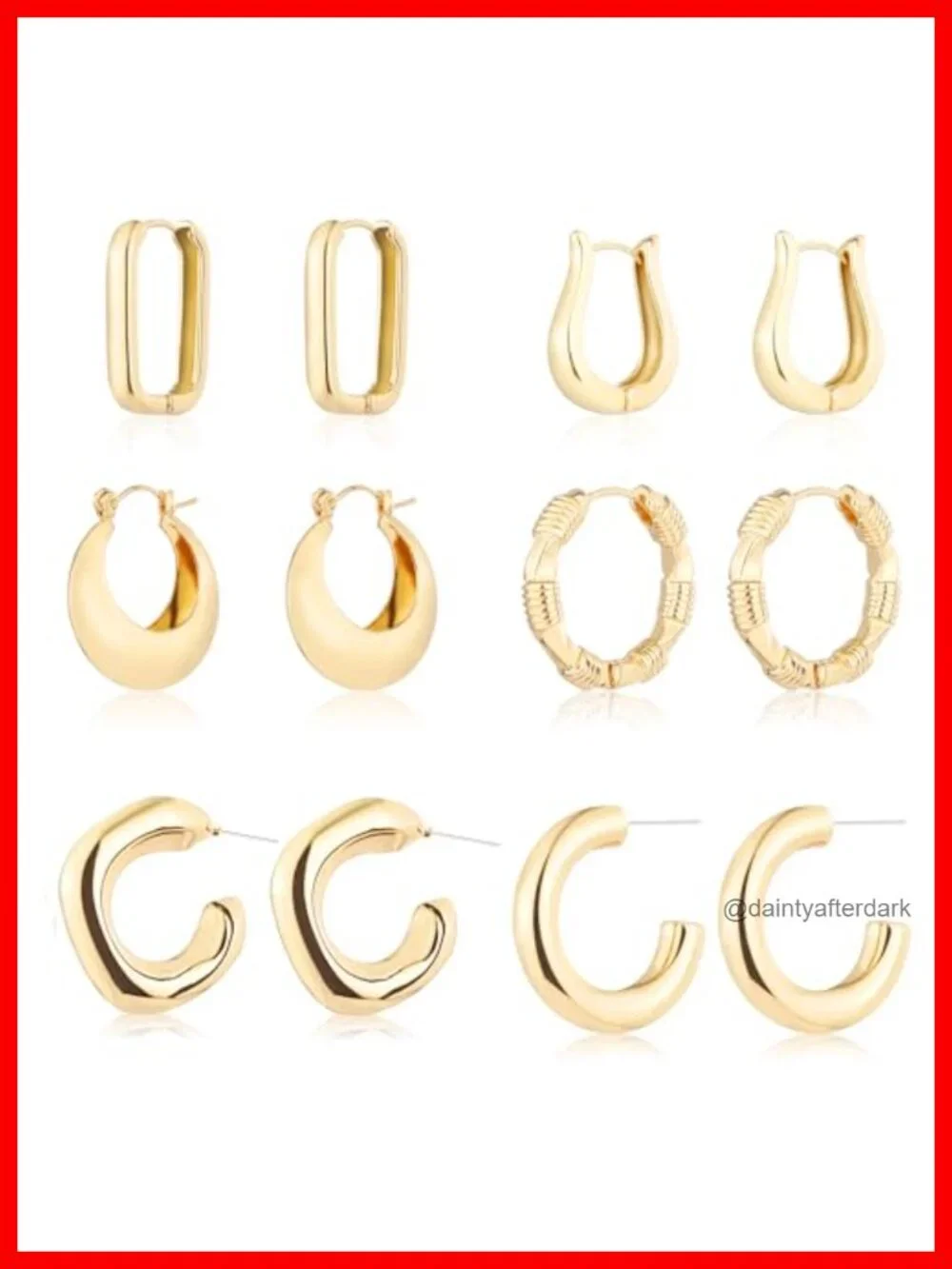 6 Pairs Gold Plated Hoop Earrings for Women, Lightweight Chunky Huggie Hoops